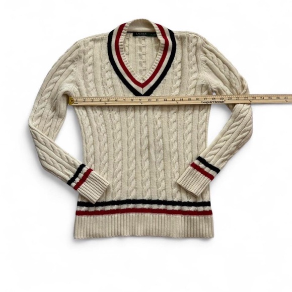 Women’s Lauren Ralph Lauren Cricket Tennis V Neck Pullover Cable Knit Sweater M - Picture 5 of 7
